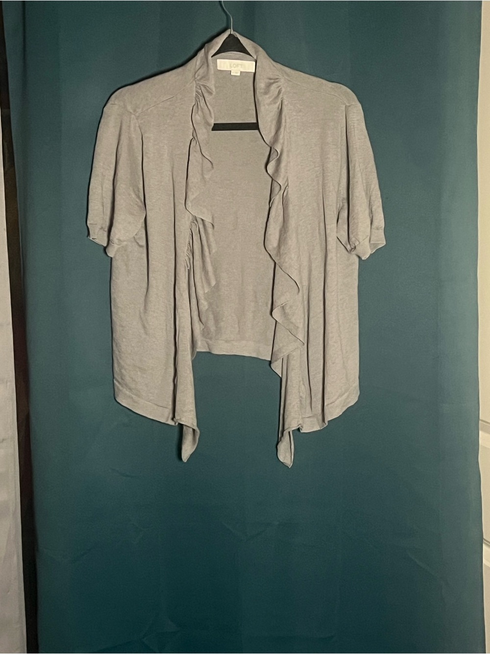 LOFT Light Gray Ruffle-Front Short Sleeve Cardigan